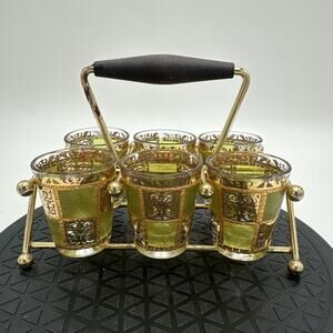 Vintage Culver Prado Green Gold Plated 6 Shot Glasses With Carrier Caddy